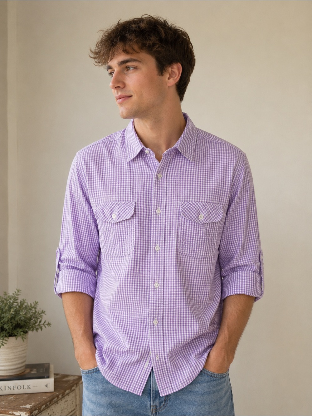 Men's Lavender Gingham Button-Up Shirt XXL